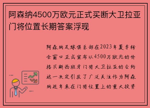阿森纳4500万欧元正式买断大卫拉亚门将位置长期答案浮现